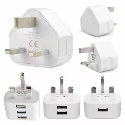 UK Mains 3 Pin Plug Adapter Wall Charger 1/2/3-Port Dual USB For Phones Tablets • £3.35