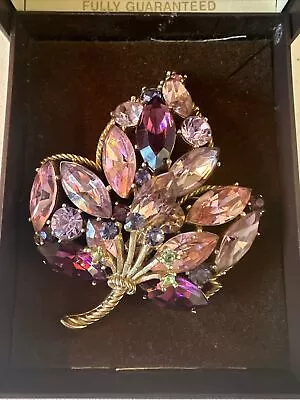 Stunning Trifari Purple Pink Rhinestone Signed Vintage Brooch Uranium Glass • $155