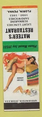 Matchbook Cover - Mateer's Restaurant Florin PA Pinup HOWDY AMIGO • $3.99