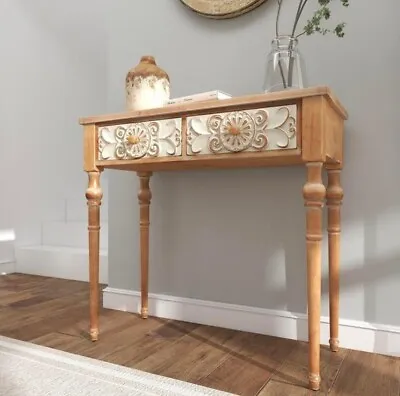 Rustic Modern Farmhouse Whitewashed Wooden Floral Carved Console Table Drawers • $198.95