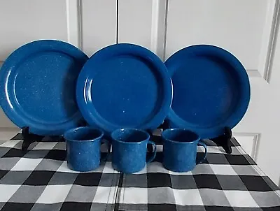 Vintage Set Of 3 Blue Enamelware Speckled Camping Kitchen 3 Plates 3 Coffee Cups • $10