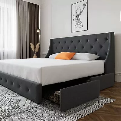 King Size Platform Bed Frame With 4 Storage Drawers&Wingback HeadboardDark Grey • $387.99