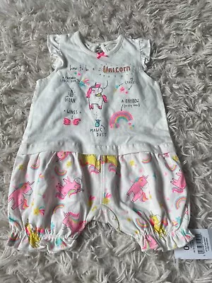 George Baby Girls White Rainbow Unicorn Romper Age 0-3 Months Brand New With Tag • £3.50