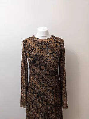 Zara Brown Long Snake Animal Print A-Line Mesh Dress With Lining Size S  • £14.99