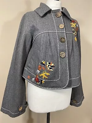 Stunning Grey Wool Jacket With Beautiful Embroidery Cropped Coat Women’s Size S • £39.99