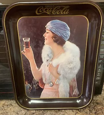 Vintage COCA COLA BROWN SERVING TRAY FLAPPER LADY WITH WHITE FOX FUR • $10