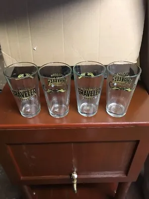 Lot Of 4 NEW CURIOUS TRAVELER BEER GLASS Pint MUSTACHE BAR Mug 16OZ • $49.99
