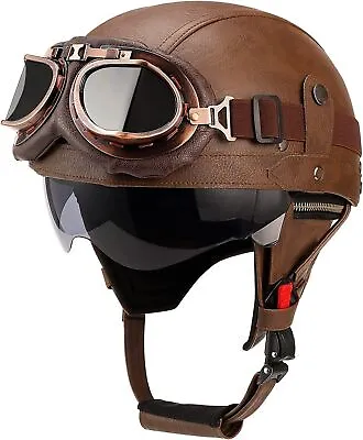 Leather Vintage Motorcycle Half Helmet Beanie Scooter Bike Cruiser Goggles DOT • $52.99