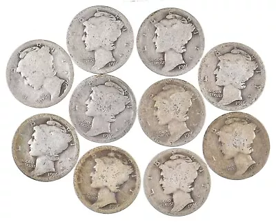 Lot Of 10 First Year 1916 P/S Mercury Head Silver Dime Collection 1/5 Roll *240 • $14.50