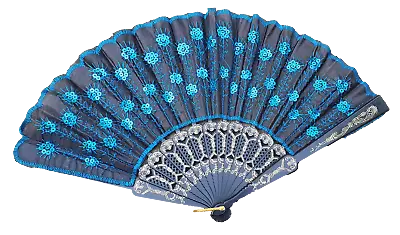 Blue Sequins Peacock Decorative Plastic Hand Fan For Weddings Summer Foldable • £3.95