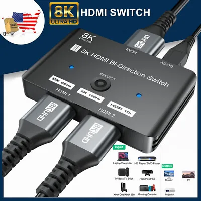 Upgrade 8K HDMI 2.1 Switch Bi Directional 4K Switcher Splitter 2 In 1/1 In 2 Out • $15.19