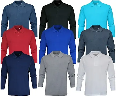 Long Sleeve Polo Shirt Plain 2 Button Collared Top Pique Cotton Mix Casual Wear • £10.95