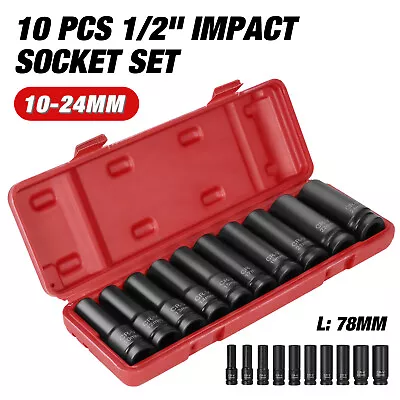 10pcs 1/2  Drive Deep Impact Socket 10-24MM Metric Cr-V Workshop Garage Tool Set • $32.99