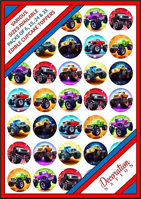 35 X Monster Truck Mix - Edible Cupcake Cake Toppers Kids Birthday Party Fun Boy • £3.79