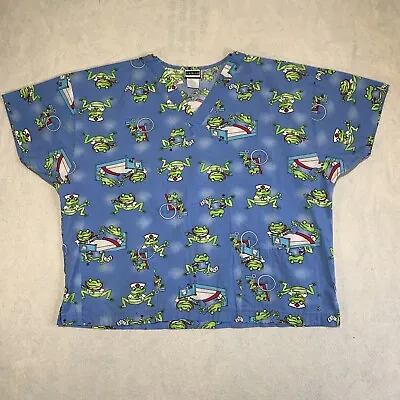 Scrubland II Frog Print Scrub Top Shirt Women's Plus 2X Blue Short Sleeve Pocket • $8.77