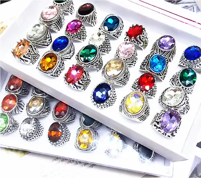 20pcs/Lot Men Women Silver Vintage Jewelry Glass Stone Rings Wholesale Colored • $14.02
