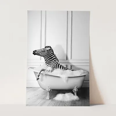 Zebra Taking Bubble Bath In Bathtub Funny Animal Bathroom Wall Art Poster Print • $29