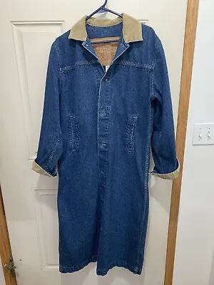 Vtg 80s Levi's Denim Long Barn Coat Duster Corduroy Collar Jacket USA Mens Small • $99.95