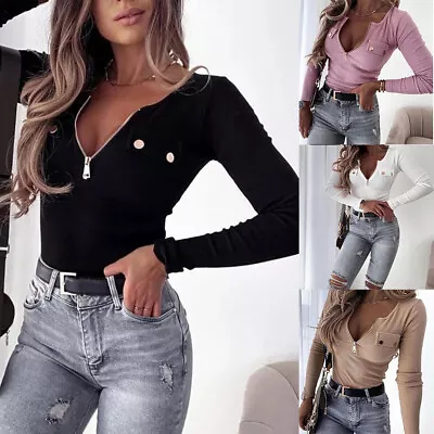 $21.61 • Buy Womens Sexy Zipper V Neck Tops Ladies Long Sleeve Slim Fit Blouse T-Shirt Tee US