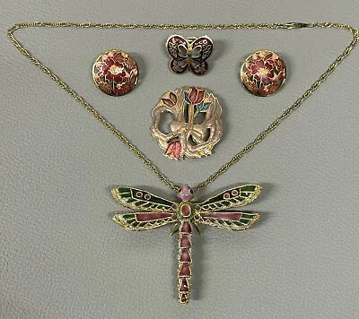 Vintage Cloisonne Jewelry Lot Of 4  Necklace Earrings Brooch Floral Pink Tones • $39.95