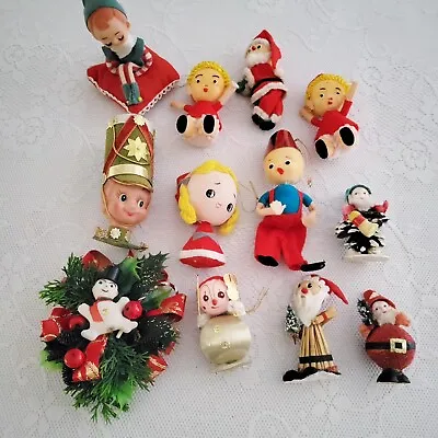 $40 • Buy Vintage Lot Flocked Christmas Ornaments Pixie Gnome Soldier Snowman Corsage