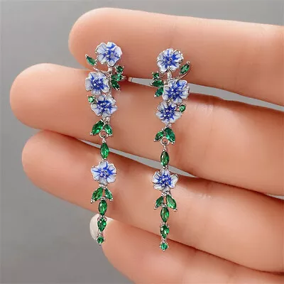 Long Blue Flower Drop Dangle Earrings Party Jewelry Gifts Women Girls • £5.48