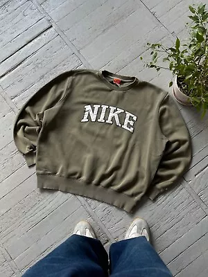 Vintage Nike Spell Out Logo Baggy Crewneck Sports Sweatshirt Military Green • $56