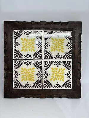 Vintage ‘60s Orion Mexican 4 Tile Trivet In Carved Wood Frame Retro Yellow Brown • $28.90