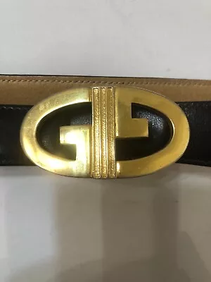 Gucci Authentic Vintage 1970s  Black 1” Leather Gold Logo Buckle Dress Belt 28 • $169.84