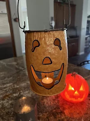 Vintage Metal/Tin Jack-o'-lantern Halloween US Metal 7” X 5” Candle Votive 🎃 • $38.21