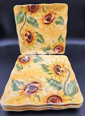 Maxcera Speckled Sunflower Square Plates 9  Hand Painted Set Of 4 Scalloped Edge • $39.99