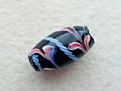 Antique Black Glass Trade Bead W/ White & Pink Feathers  & Blue & Whi Te  Roping • $30