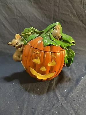 Vintage Handmade Halloween Ceramic Jack-o-Lantern With 2 Mice Jar With Lid • $18