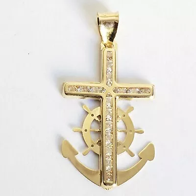 $97.16 • Buy 14k  Yellow Gold Cross  Anchor Pendant 1.25 Inch Long
