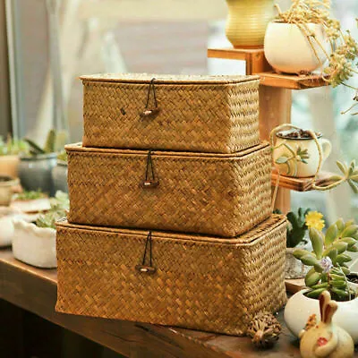 £21.88 • Buy Handmade Seagrass Woven Storage Baskets Natural Toys Craft Organizer With Lids