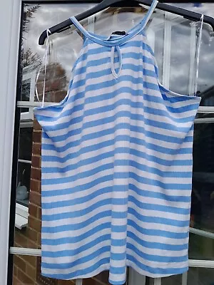 Tu Bnwt 26 Pale Blue Stripe Halterneck Slim Fit Top Tshirt Cotton Polyester... • £5.99