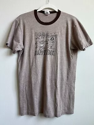 Daniel Johnston 'Happy Time' Print Brown Ringer Graphic T Shirt Men's Medium • $12.99