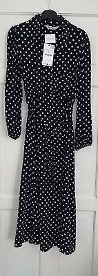 Zara Black White Collared Polka Dot Print Midi Shirt Dress With Belt Size L Bnwt • £34.99