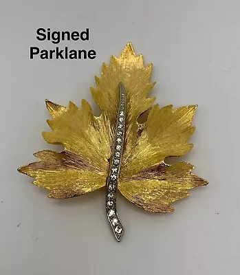 VINTAGE PARKLANE Maple Leaf Pin Brooch Brushed Gold With Rhinestone Vein 2.5  • $6