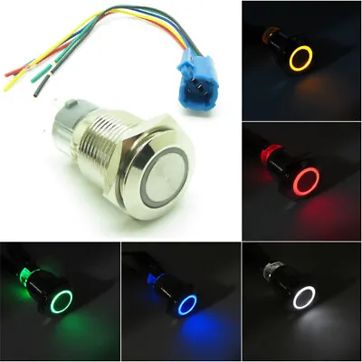Waterproof Metal Push Button Switch LED Ring Halo Light 16mm 12V 24V +Connector  • $5.99