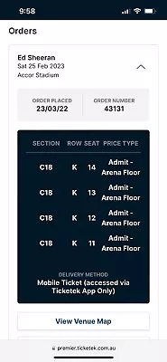 ED SHEERAN Concert Tickets Swop Sat Night Tickets X 4 To Frid Night?or Sell X 4  • $800
