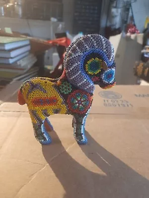 Vintage Huichol Mexican Folk Art Large Beaded Ram Ironwood Sculpture • $39.50