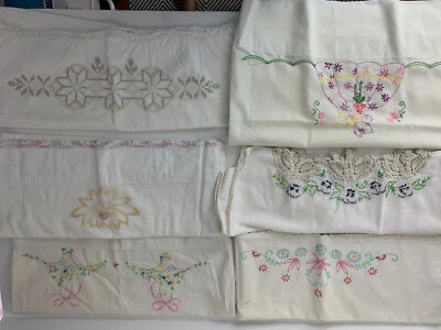 $30 • Buy Vintage Lot 6 Single Hand Embroidered Crochet Edge Floral Pillowcases