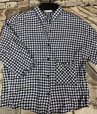 Zara 3/4 Destroyed Sleeve Plaid Button Down Blue White Womens S Small • $12.99