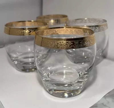 Vintage (4) Roly Poly Old Fashioned Low Ball Ornate Gold Rimmed Glasses Whisky • $28