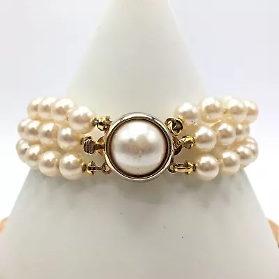 Vintage Glass Pearl Hand Knotted Multi-Strand Bracelet Faux Mabe Pearl Box Clasp • $20