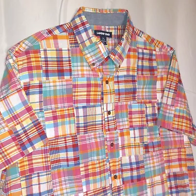 Lands End Shirt Mens XL 17 17 1/2 Quilted Patch Short Sleeve Casual Button Down • $15