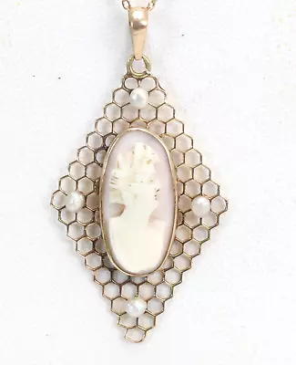 + Antique Vintage 10k Gold Art Nouveau Cameo & Pearls Necklace Pendant 17  Chain • $225