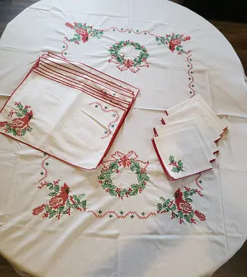 VTG Cross Stitch Christmas Tablecloth  8 Placemats 8 Napkins ~ Cardinal Holly • $29.75