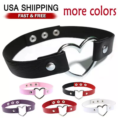 Leather Heart Choker Collar Punk Goth Adjustable Rivet Necklace Love O-Ring • $6.95